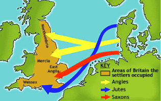 Map showing where the Anglo-Saxons came from and where they settled in England.